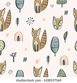 Semless woodland pattern with cute little foxes and trees. Scandinaviann style, nursery texture for baby apparel, childish decoration. Vector illustration.