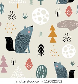 Semless woodland pattern with wolf, moon and hand drawn elements. Scandinaviann style childish texture for fabric, textile, apparel, nursery decoration. Vector illustration