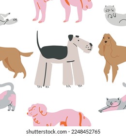 Semlles pattern. Cartoon dogs and cats characters design collection with flat color in different poses. Vector illustration 