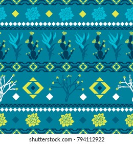 Sempervivum, Haworthia, Opuntia, Hatiora. Seamless pattern with cacti, succulents and geometric shapes in the form of a rhombus, triangles. Vector illustration.