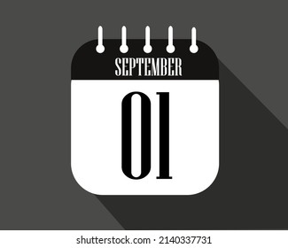 Semptember day 1. Calendar icon on a white paper with black color border on a dark background vector.
