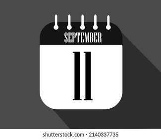 Día 11 de setiembre. Icono de calendario en un papel blanco con borde de color negro en un vector de fondo oscuro.