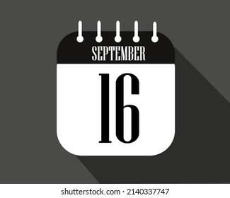 16. September. Kalendersymbol auf weißem Papier mit schwarzer Farbgrenze auf dunklem Hintergrund, Vektorgrafik.