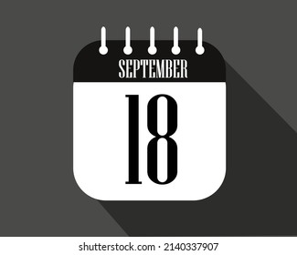 Día 18 de setiembre. Icono de calendario en un papel blanco con borde de color negro en un vector de fondo oscuro.