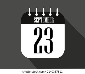 Día 23 de setiembre. Icono de calendario en un papel blanco con borde de color negro en un vector de fondo oscuro.