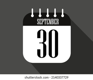 Semptember day 30. Calendar icon on a white paper with black color border on a dark background vector.