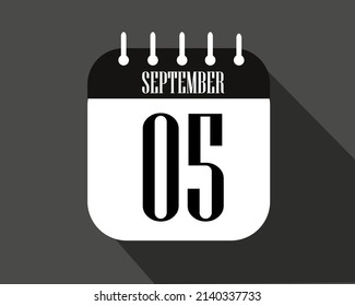 Semptember day 5. Calendar icon on a white paper with black color border on a dark background vector.