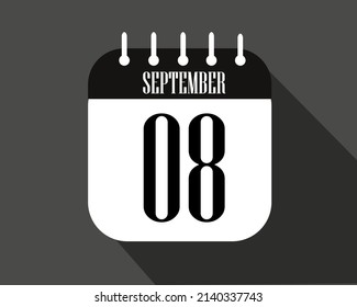 Semptember day 8. Calendar icon on a white paper with black color border on a dark background vector.