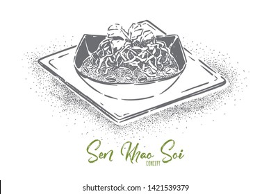 Sen khao soi, national thai soup with fried egg noodles and cabbage pickle, gourmet dinner, restaurant dish. Delicious asian cuisine recipe book concept sketch. Hand drawn vector illustration