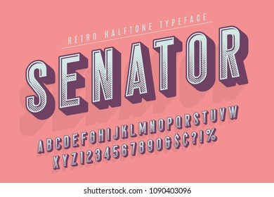 Senator trendy vintage display font design, alphabet, typeface, letters and numbers, typography. Swatch color control.