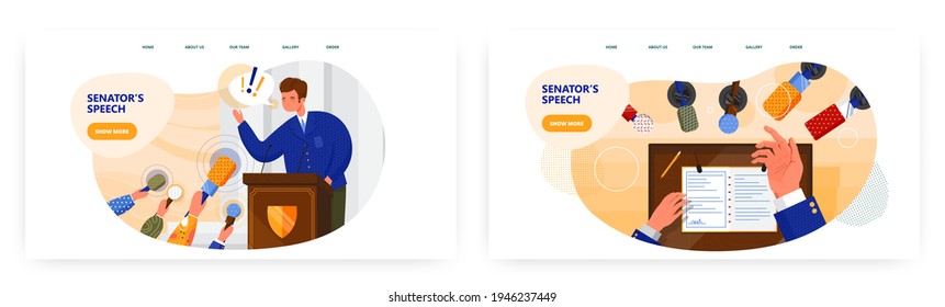 Diseño de página de aterrizaje de voz de los senadores, conjunto de plantillas vectoriales de banner del sitio web. Político dando discurso electoral. Debates.