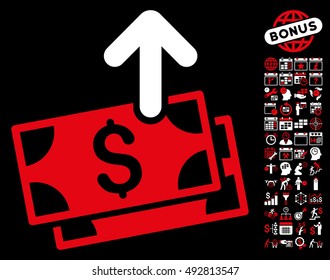 Send Banknotes icon with bonus calendar and time management elements. Vector illustration style is flat iconic bicolor symbols, red and white colors, black background.