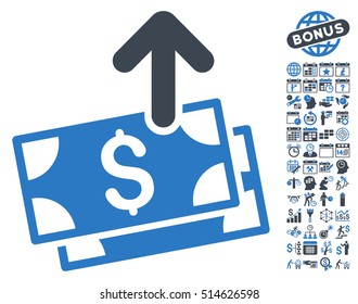 Send Banknotes icon with bonus calendar and time management images. Vector illustration style is flat iconic bicolor symbols, smooth blue colors, white background.