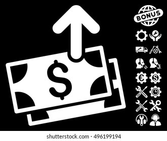 Send Banknotes icon with bonus tools pictograph collection. Vector illustration style is flat iconic symbols, white color, black background.