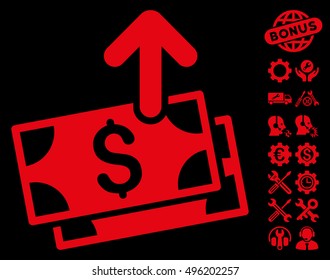 Send Banknotes icon with bonus tools pictogram. Vector illustration style is flat iconic symbols, red color, black background.