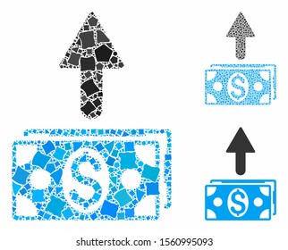 Send banknotes mosaic of joggly parts in various sizes and color hues, based on send banknotes icon. Vector joggly elements are combined into mosaic. Send banknotes icons collage with dotted pattern.