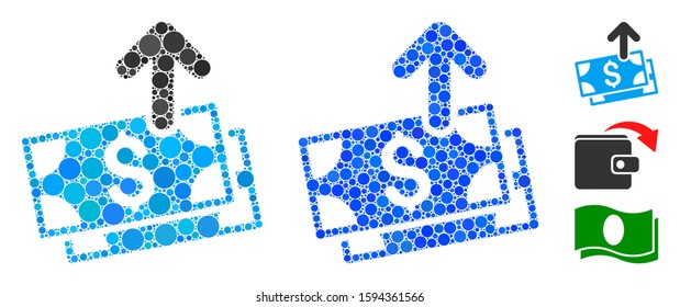 Send banknotes mosaic of round dots in various sizes and color tints, based on send banknotes icon. Vector round dots are organized into blue mosaic.