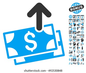 Send Banknotes pictograph with bonus calendar and time management clip art. Vector illustration style is flat iconic bicolor symbols, blue and gray colors, white background.