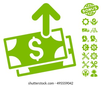 Send Banknotes pictograph with bonus tools clip art. Vector illustration style is flat iconic symbols, eco green color, white background.