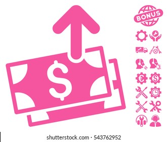 Send Banknotes pictograph with bonus tools pictogram. Vector illustration style is flat iconic symbols, pink color, white background.