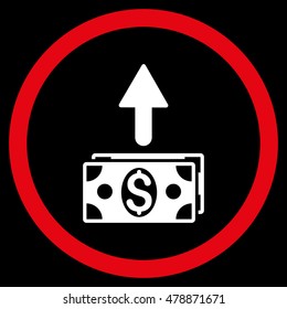 Send Banknotes vector bicolor rounded icon. Image style is a flat icon symbol inside a circle, red and white colors, black background.