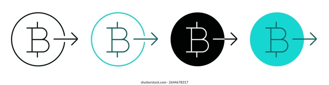 Enviar conjunto de ícones de bitcoin. Cor preta e verde. Dinheiro, investimento, transferência de criptomoeda ou conceito de pagamento. Símbolo de moeda com seta para a direita para web, interface do usuário ou aplicativo. Traçado vetorial editável.