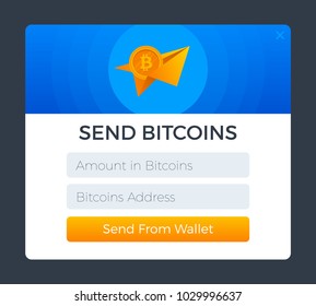 The Send Bitcoin Web Form . Flat Style Vector Illustration UI UX Design with Text Box and Send  Button Template. Modern gradient color and paper plane metaphor. 