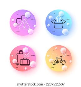 Send box, Bike delivery and Warning minimal line icons. 3d spheres or balls buttons. Baggage reclaim icons. For web, application, printing. Delivery package, Bicycle courier, Important message. Vector