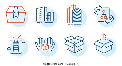 Send box, Buildings and Lighthouse signs. Technical algorithm, Skyscraper buildings and Open box line icons set. Project doc, Town architecture. Industrial set. Outline icons set. Vector