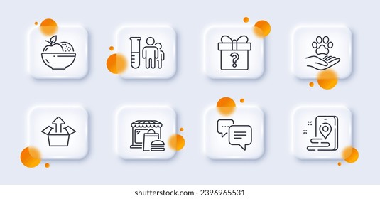 Send box, Dots message and Food market line icons pack. 3d glass buttons with blurred circles. Medical analyzes, Place, Secret gift web icon. Pets care, Fruits pictogram. For web app, printing. Vector