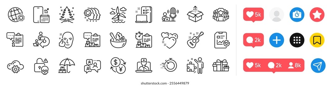 Send box, Employees teamwork and Report checklist line icons pack. Social media icons. Inventory report, Telemedicine, Podcast web icon. Holiday presents, Healthy face, Clipboard pictogram. Vector