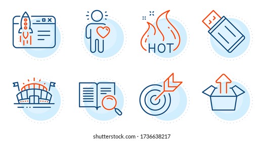 Send box, Hot sale and Friend signs. Start business, Sports arena and Usb flash line icons set. Target, Search text symbols. Launch idea, Event stadium. Business set. Outline icons set. Vector