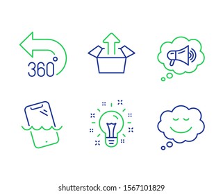 Send box, Idea and Megaphone line icons set. 360 degrees, Smartphone waterproof and Speech bubble signs. Delivery package, Creativity, Brand message. Full rotation. Technology set. Vector