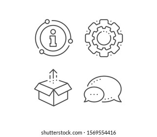 Send box line icon. Chat bubble, info sign elements. Open delivery parcel sign. Cargo package symbol. Linear send box outline icon. Information bubble. Vector