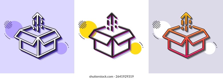 Send box line icon. Halftone dotted pattern. Gradient icon with grain shadow. Open delivery parcel sign. Cargo package symbol. Line send box icon. Various designs. Vector