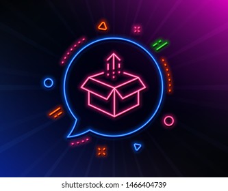 Send box line icon. Neon laser lights. Open delivery parcel sign. Cargo package symbol. Glow laser speech bubble. Neon lights chat bubble. Banner badge with send box icon. Vector