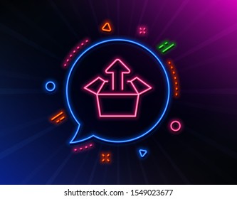 Send box line icon. Neon laser lights. Open delivery parcel sign. Cargo package symbol. Glow laser speech bubble. Neon lights chat bubble. Banner badge with send box icon. Vector
