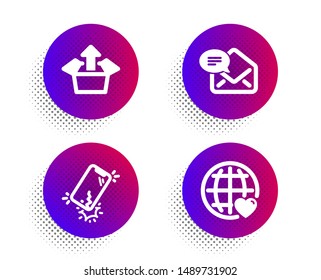 Send box, New mail and Smartphone broken icons simple set. Halftone dots button. International love sign. Delivery package, Received e-mail, Phone crack. Internet dating. Technology set. Vector