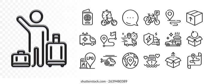 Send box, Return package and Passport line icons for web app. Glare of light effect. Message icon. Pack of Food delivery, Place, Medical helicopter pictogram icons. Vector