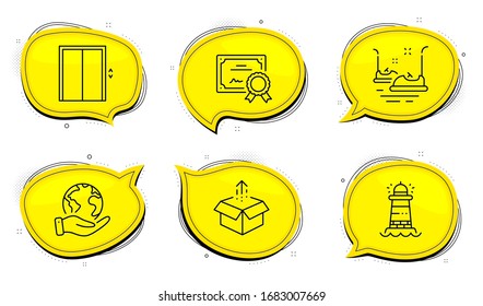 Send box sign. Diploma certificate, save planet chat bubbles. Bumper cars, Lighthouse and Lift line icons set. Carousels, Searchlight tower, Elevator. Delivery package. Transportation set. Vector