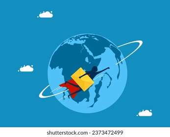 Send business letters. Businesswoman holding a letter flies around the world