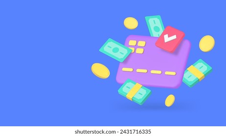 Send cash money dollar to credit debit card approved transaction banner copy space 3d icon realistic vector illustration. Financial banking transfer currency digital exchange electronic service