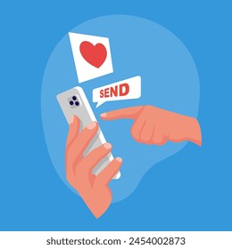 Send charity. Phone in hand. Send a heart. Vector illustration flat design. Isolated on white background. Press the button on the screen of the smartphone.
