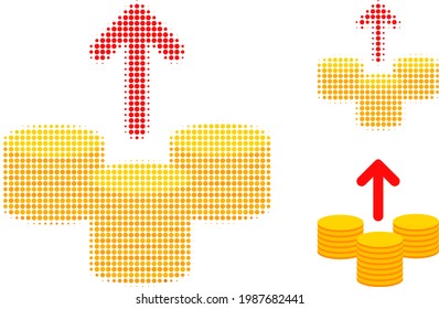Send coins halftone dotted icon. Halftone pattern contains round points. Vector illustration of send coins icon on a white background.