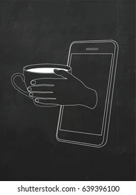 send cup of coffee pass screen mobile phone. Vector stripe line on blackboard