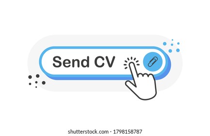SEND CV blue 3D button with mouse pointer clicking. White background. Vector illustration.