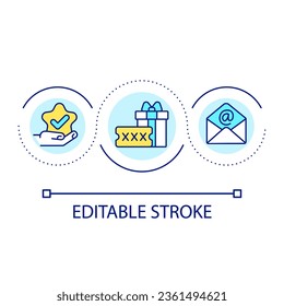 Enviar oferta de descuento por icono de concepto de bucle de correo electrónico. Anuncio de venta. Asignación exclusiva para la ilustración de línea delgada de ideas abstractas del cliente. Dibujo de contorno aislado. Trazo editable. Tipo de letra arial utilizado