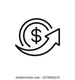 Enviar dinero en dólares. Estilo de línea de icono de pago de transferencia aislado en fondo blanco. Ilustración del vector