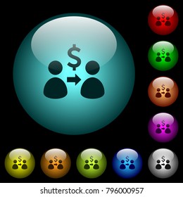 Send dollars icons in color illuminated spherical glass buttons on black background. Can be used to black or dark templates