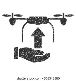 Send Drone Hand grainy textured icon for overlay watermark stamps. Flat symbol with scratched texture. Dotted vector gray ink rubber seal stamp with grunge design on a white background.